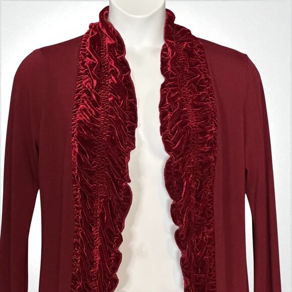 Etoile Ruffled Knit Cardigan Sz Large Open Front Velvet Trim Wine Red Boho Chic - Picture 2 of 6